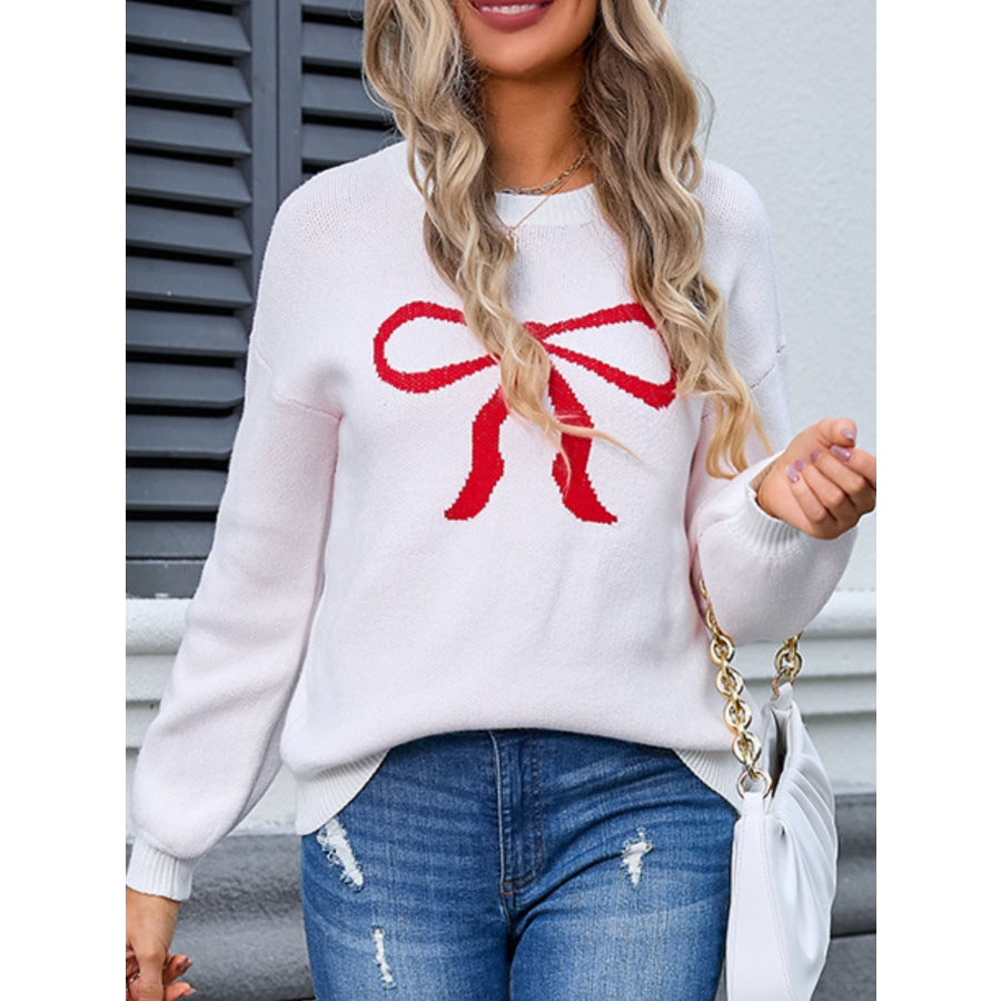 Bow Graphic Round Neck Long Sleeve Sweater White / S Apparel and Accessories