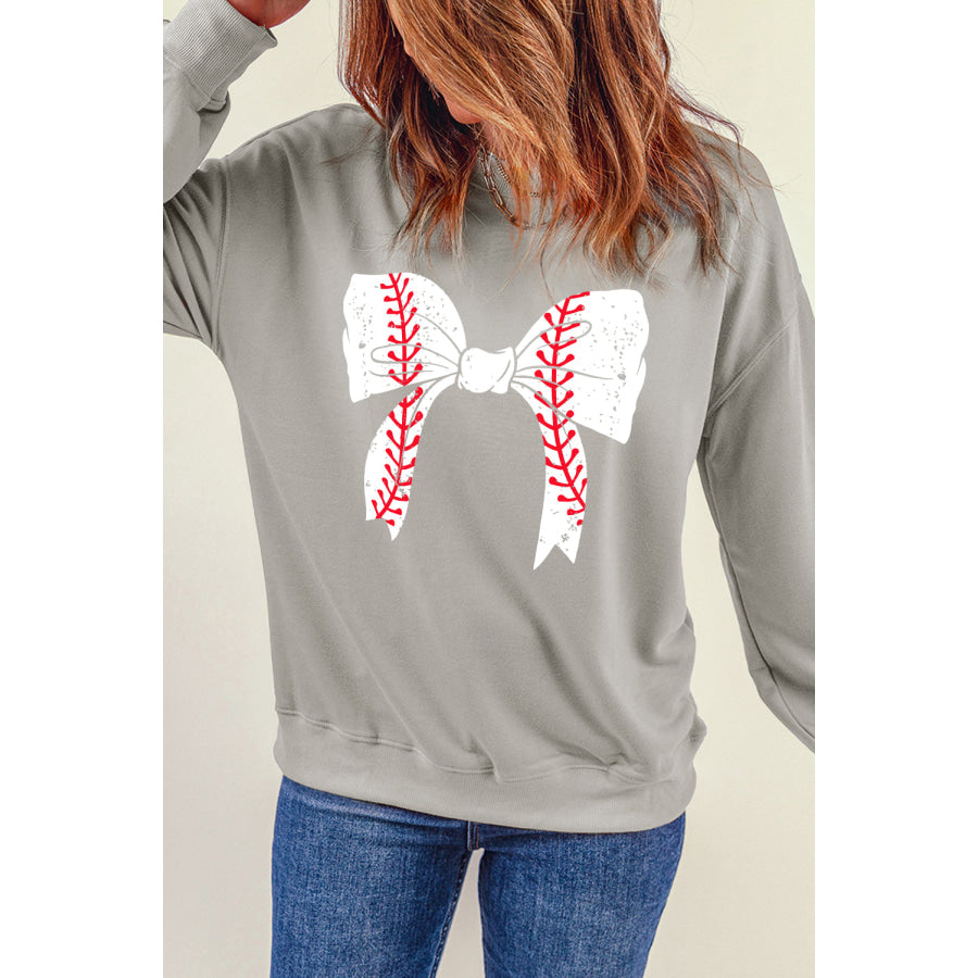 Bow Graphic Round Neck Long Sleeve Sweatshirt Gray / S Apparel and Accessories