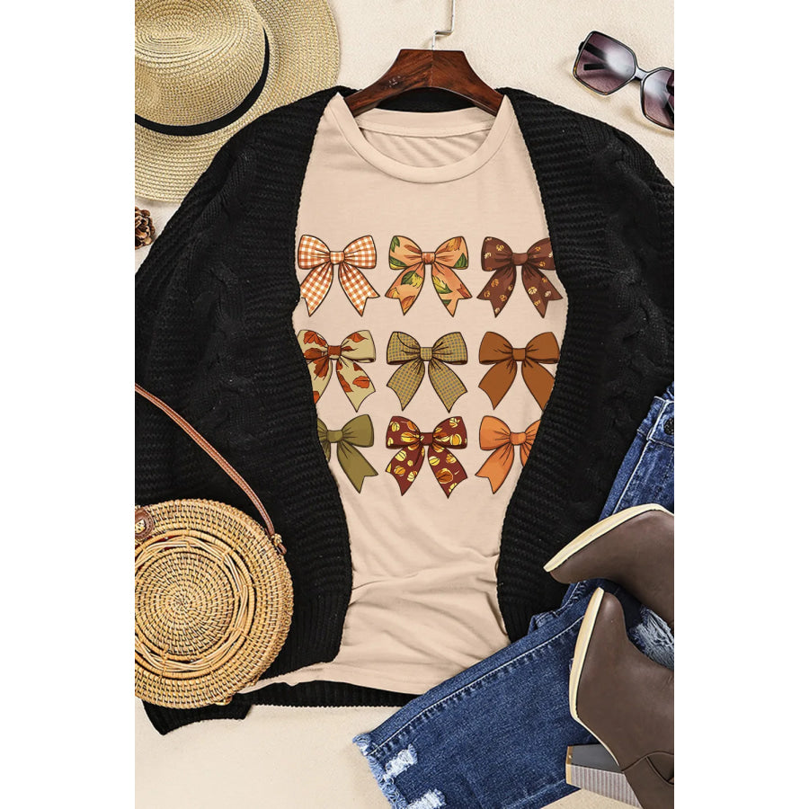 Bow Graphic Round Neck Short Sleeve T-Shirt Apparel and Accessories