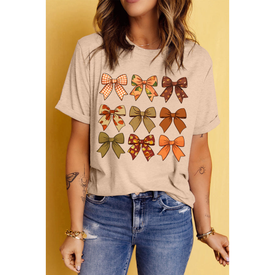 Bow Graphic Round Neck Short Sleeve T-Shirt Tan / S Apparel and Accessories