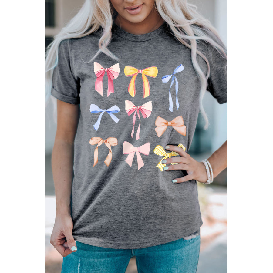 Bow Graphic Round Neck Short Sleeve T - Shirt Apparel and Accessories