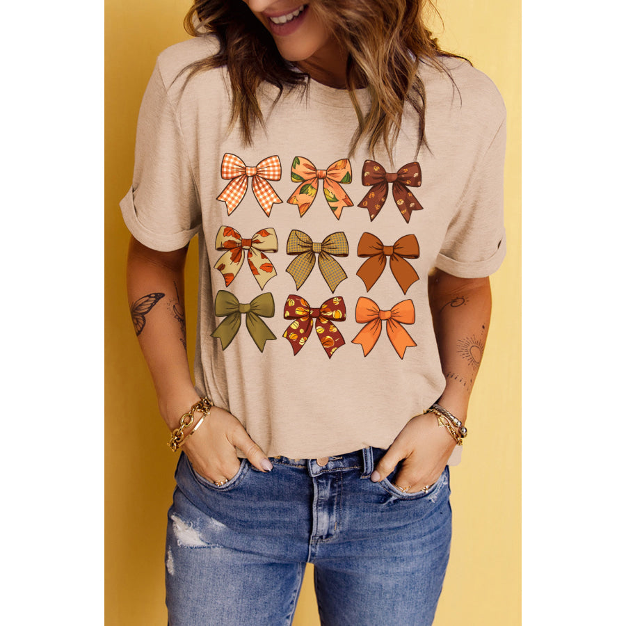 Bow Graphic Round Neck Short Sleeve T-Shirt Tan / S Apparel and Accessories