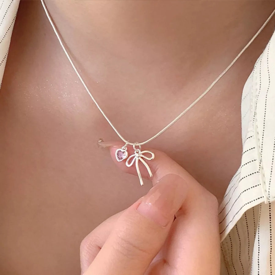 Bow & Heart Pendant Necklace Silver / One Size Apparel and Accessories
