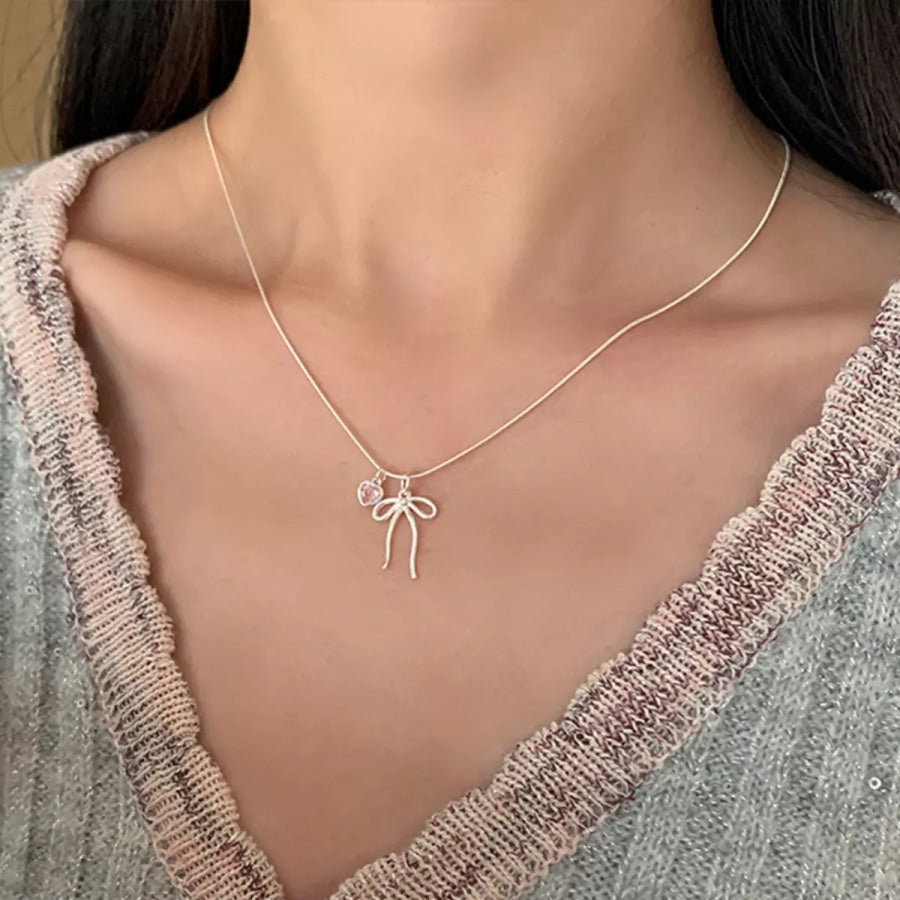 Bow & Heart Pendant Necklace Silver / One Size Apparel and Accessories