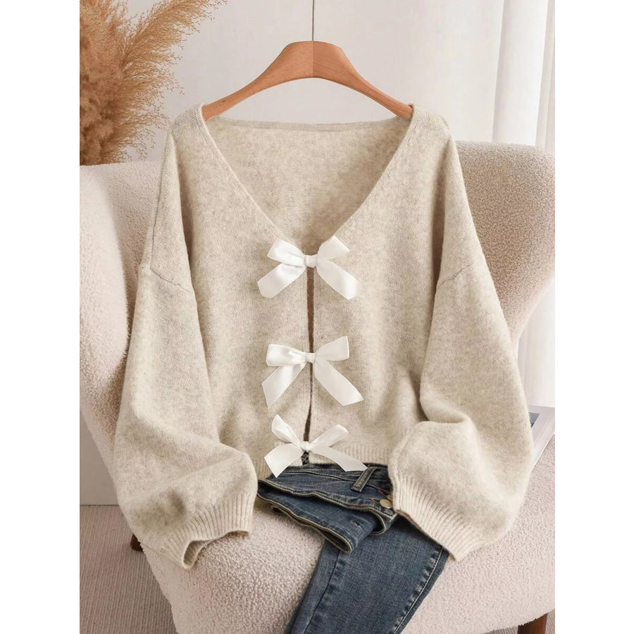 Bow-knot Front V-Neck Knit Cardigan Apricot / S Apparel and Accessories