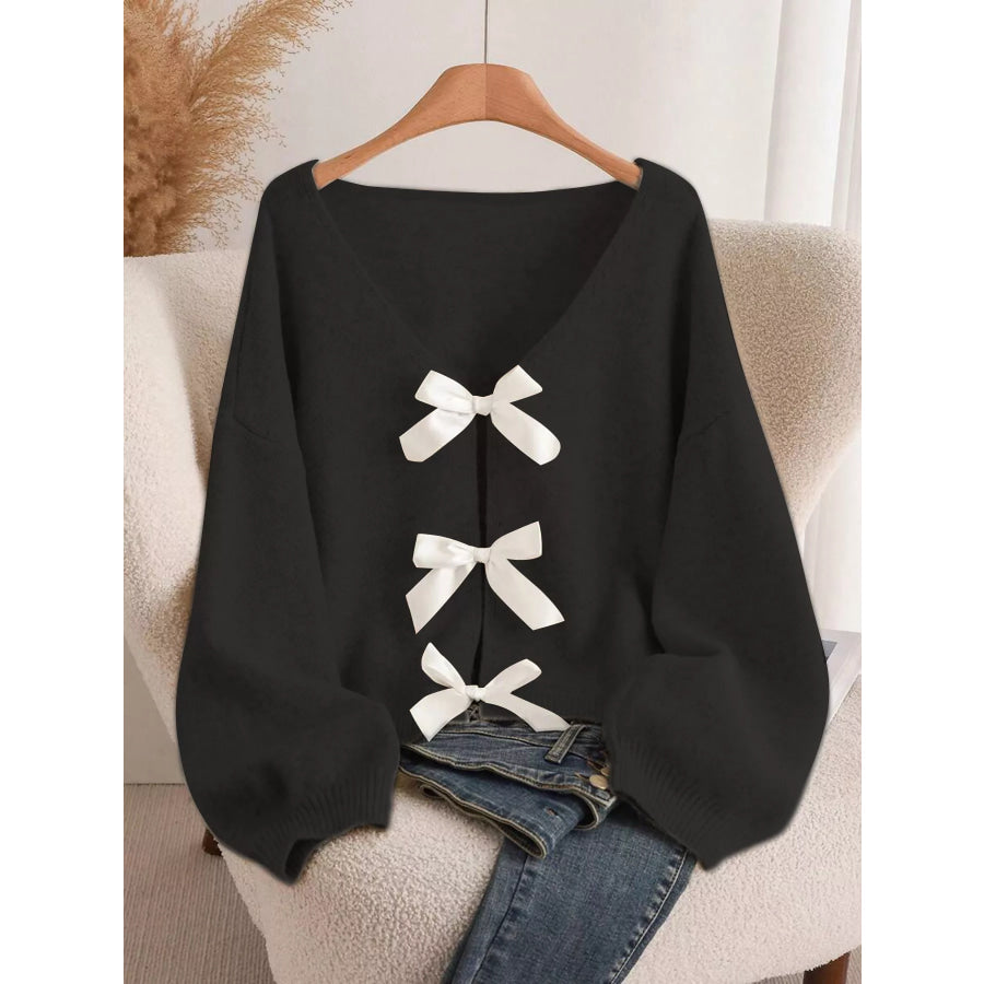 Bow-knot Front V-Neck Knit Cardigan Black / S Apparel and Accessories