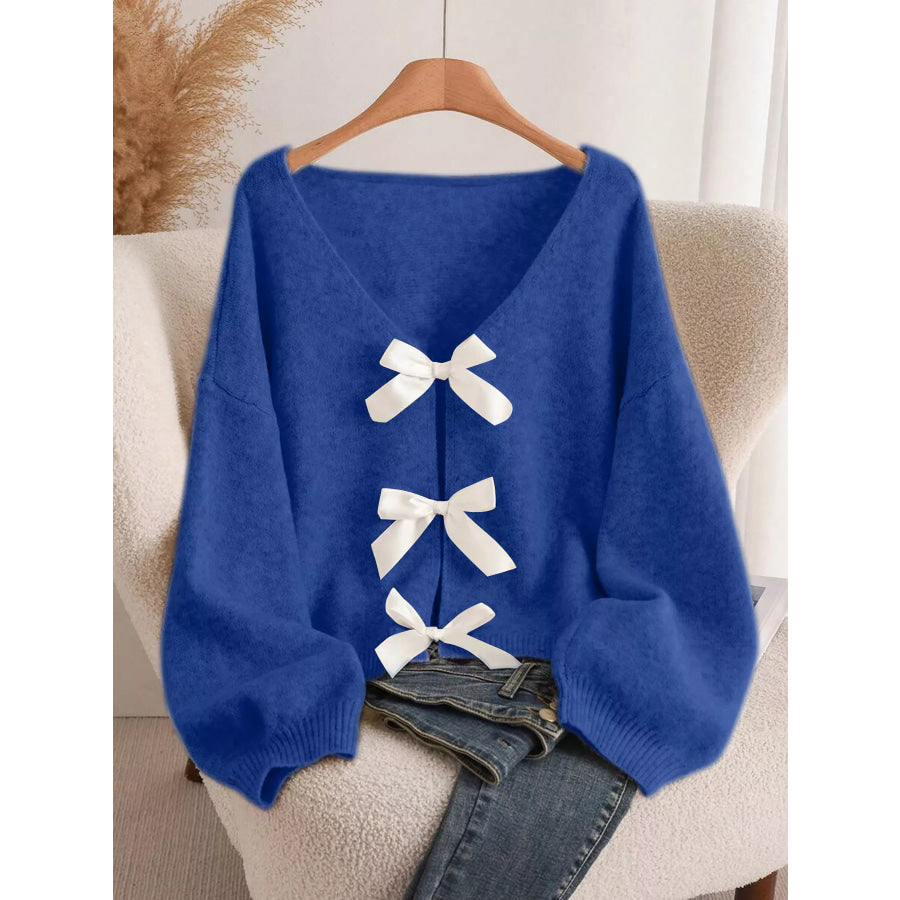 Bow-knot Front V-Neck Knit Cardigan Blue / S Apparel and Accessories