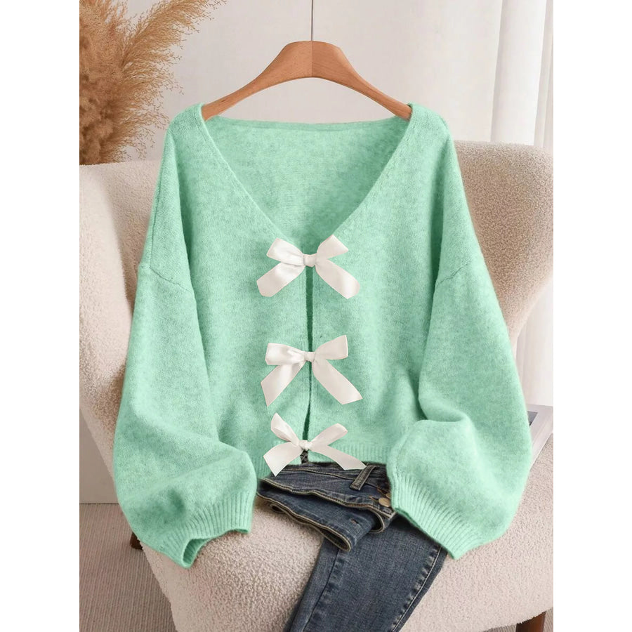 Bow-knot Front V-Neck Knit Cardigan Green / S Apparel and Accessories