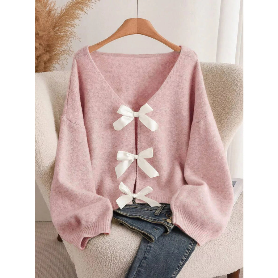 Bow-knot Front V-Neck Knit Cardigan Pink / S Apparel and Accessories