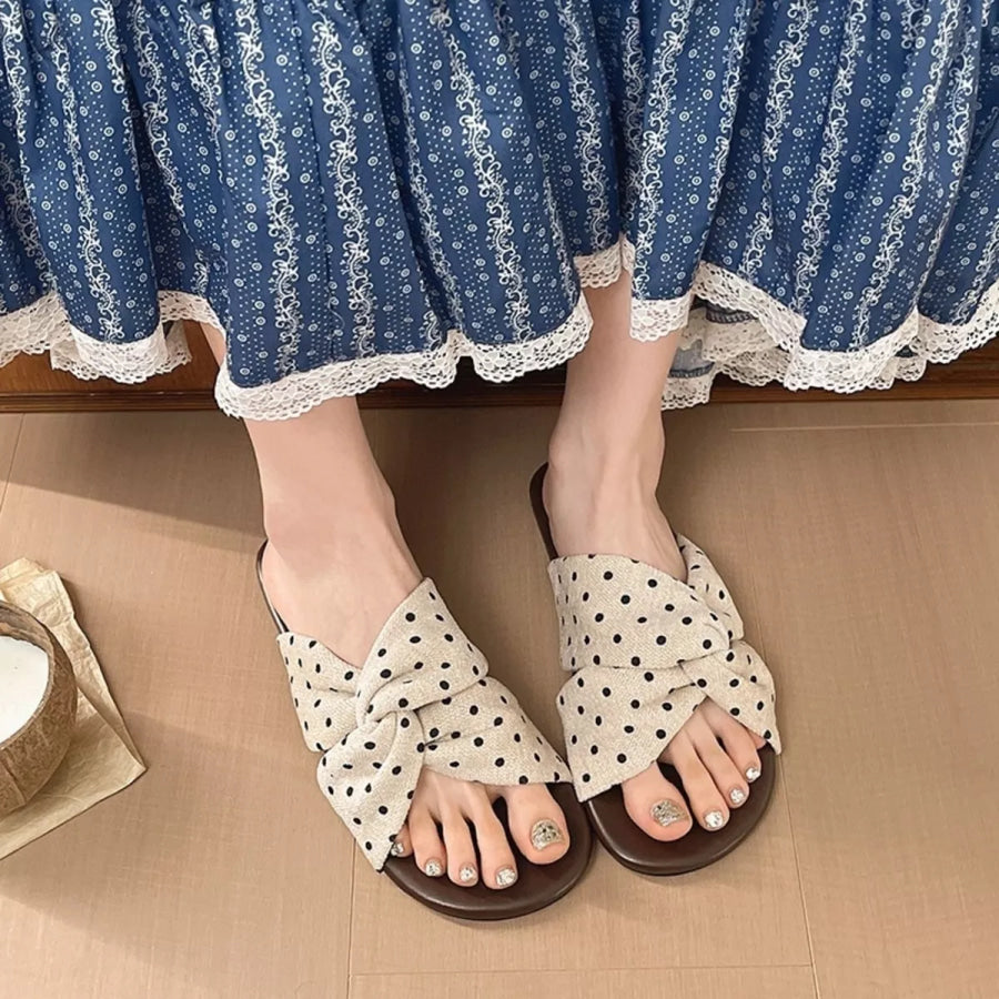 Bow-Knot Polka Dot Flat Sandals Beige / 35 Apparel and Accessories