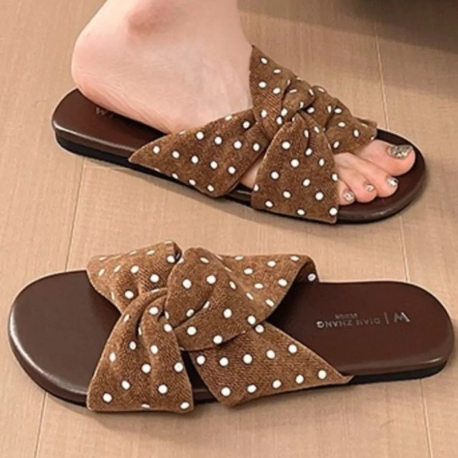 Bow-Knot Polka Dot Flat Sandals Brown / 35 Apparel and Accessories