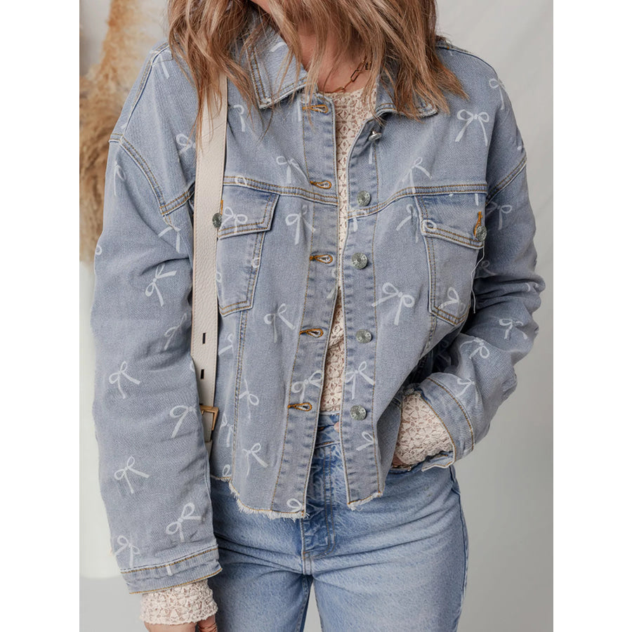 Bow Knot Print Light Wash Raw Hem Denim Jacket Apparel and Accessories