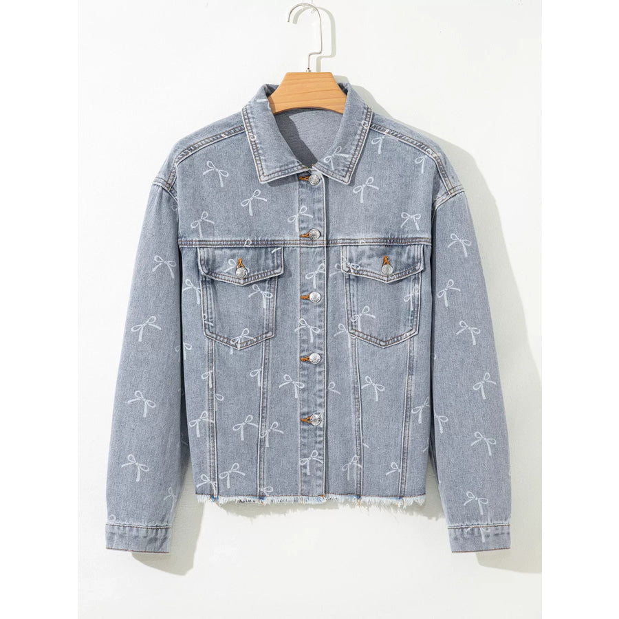 Bow Knot Print Light Wash Raw Hem Denim Jacket Apparel and Accessories