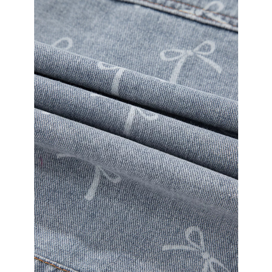 Bow Knot Print Light Wash Raw Hem Denim Jacket Apparel and Accessories