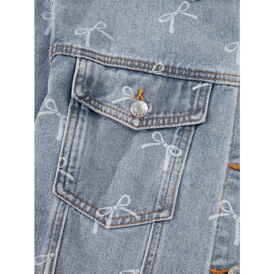 Bow Knot Print Light Wash Raw Hem Denim Jacket Apparel and Accessories