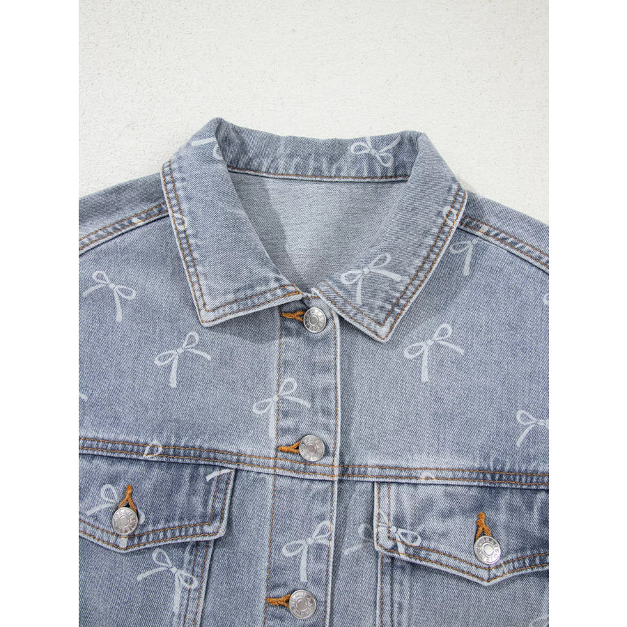 Bow Knot Print Light Wash Raw Hem Denim Jacket Apparel and Accessories
