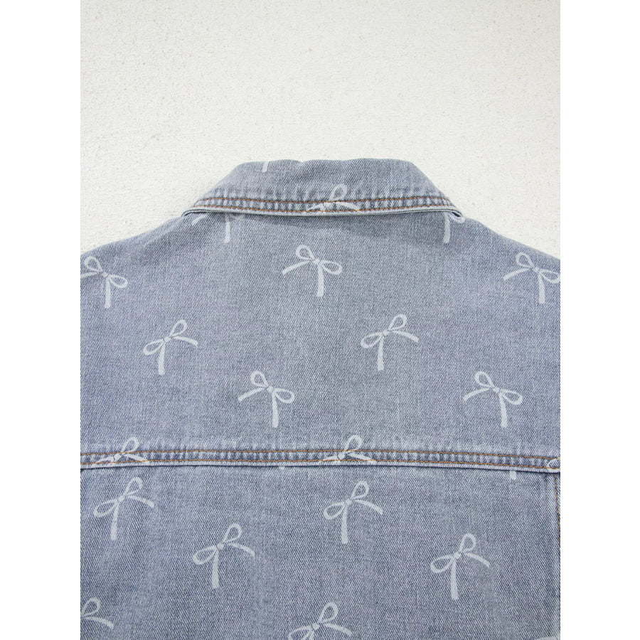 Bow Knot Print Light Wash Raw Hem Denim Jacket Apparel and Accessories