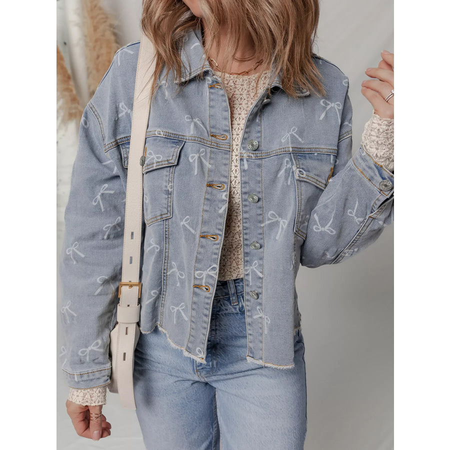 Bow Knot Print Light Wash Raw Hem Denim Jacket Apparel and Accessories