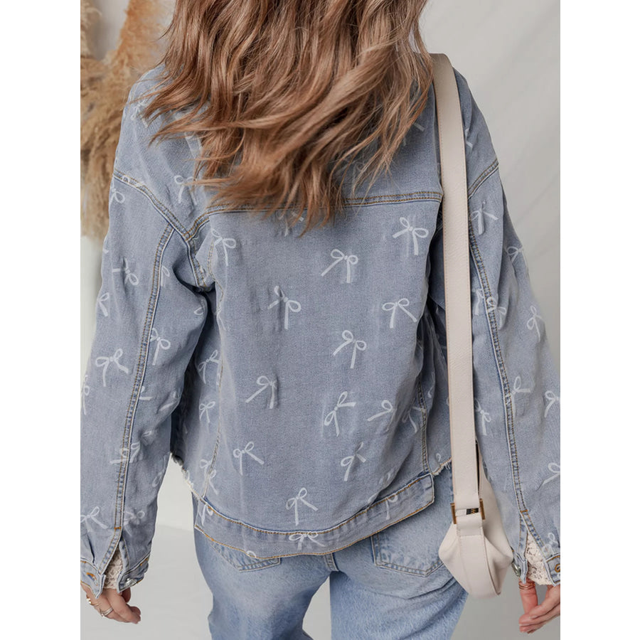 Bow Knot Print Light Wash Raw Hem Denim Jacket Apparel and Accessories