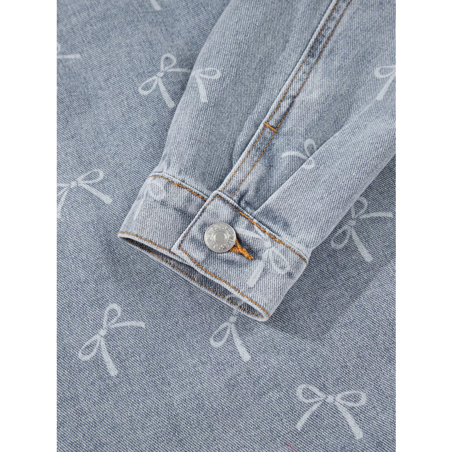 Bow Knot Print Light Wash Raw Hem Denim Jacket Apparel and Accessories