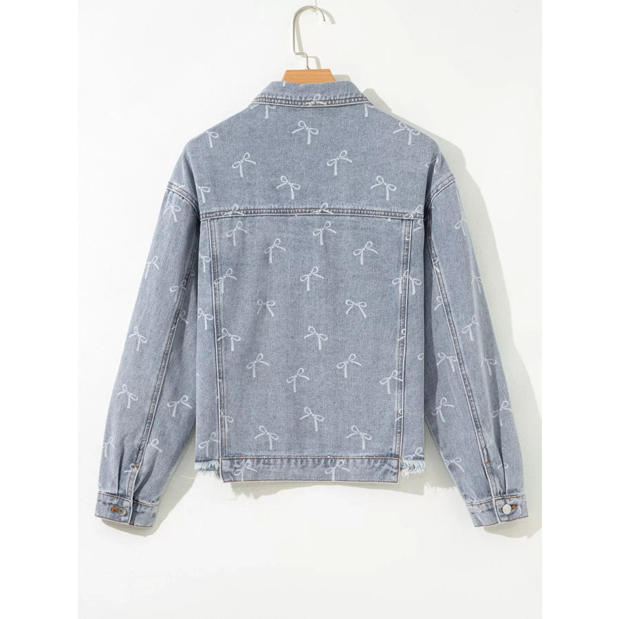 Bow Knot Print Light Wash Raw Hem Denim Jacket Apparel and Accessories