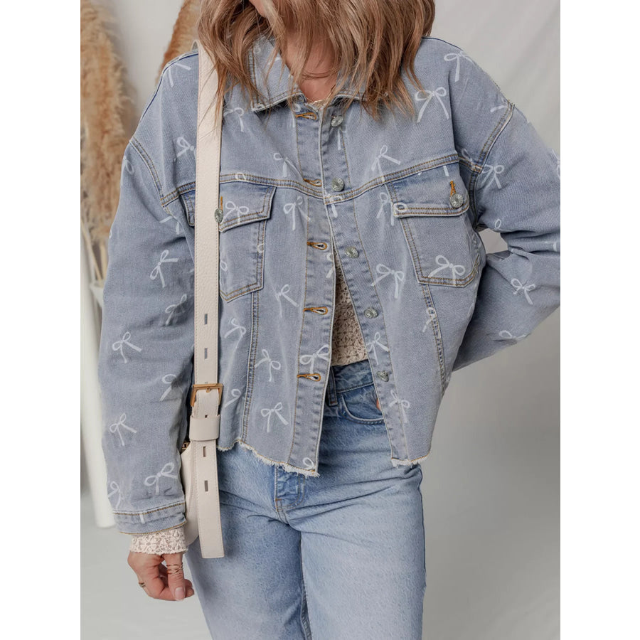 Bow Knot Print Light Wash Raw Hem Denim Jacket Apparel and Accessories