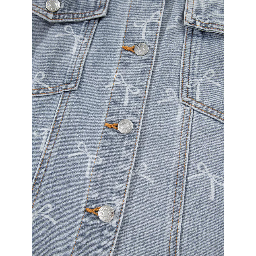 Bow Knot Print Light Wash Raw Hem Denim Jacket Apparel and Accessories