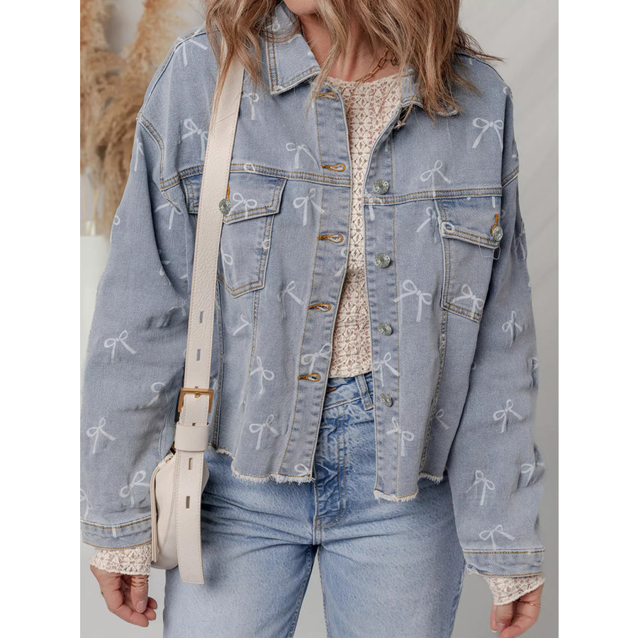 Bow Knot Print Light Wash Raw Hem Denim Jacket Light Blue / S Apparel and Accessories