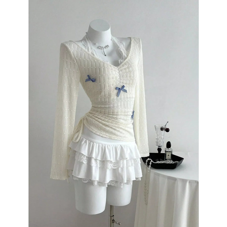 Bow Lace Detail V-Neck T-Shirt Apparel and Accessories