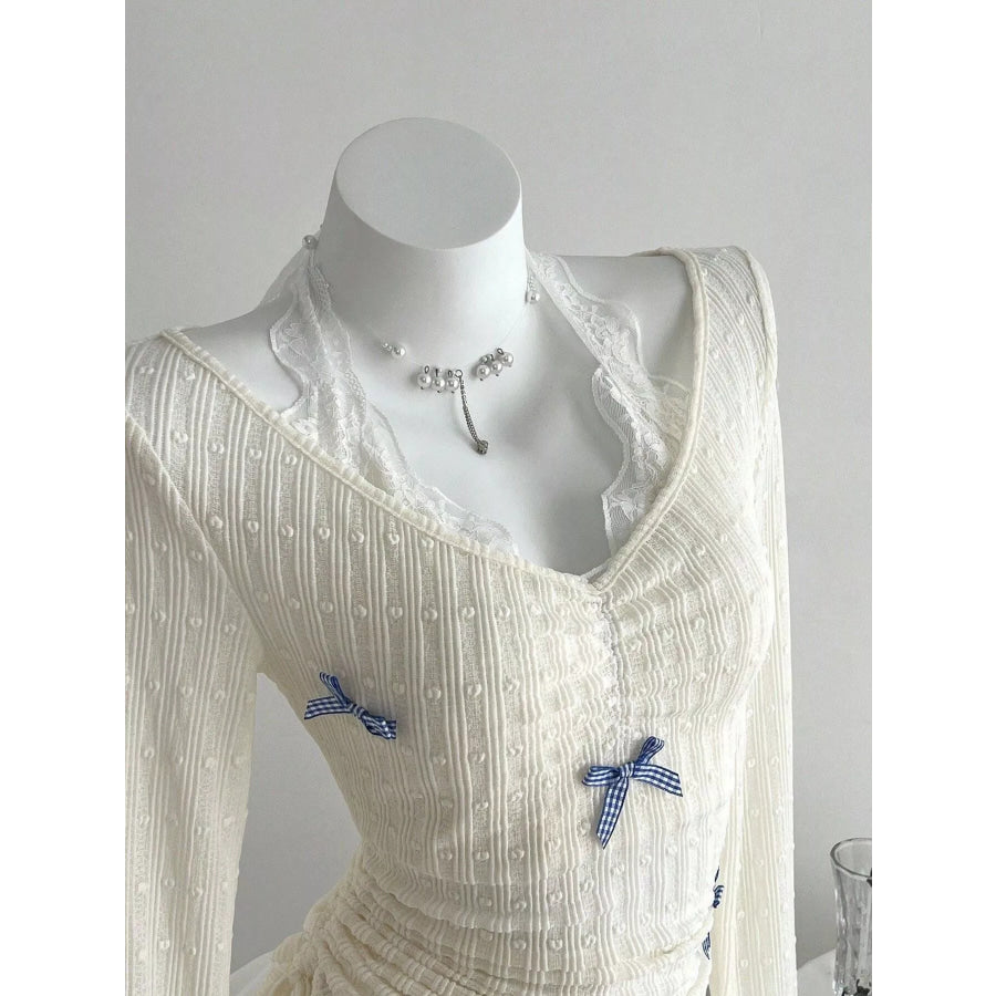 Bow Lace Detail V-Neck T-Shirt Apparel and Accessories