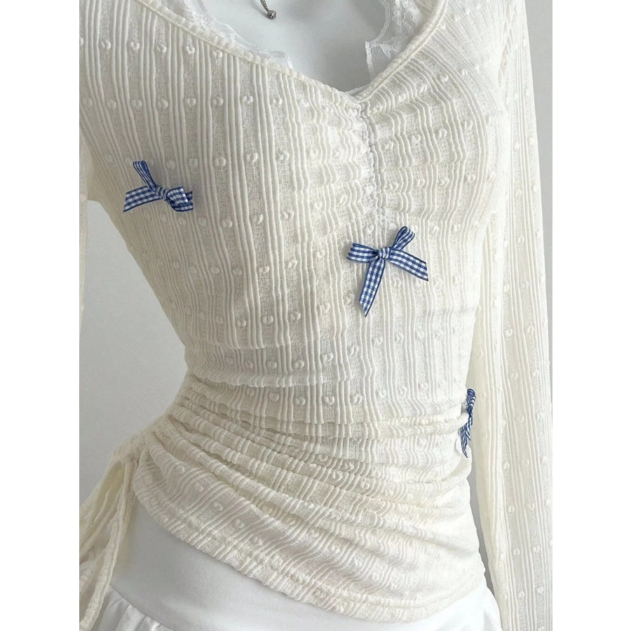 Bow Lace Detail V-Neck T-Shirt Apparel and Accessories