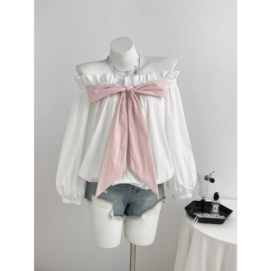 Bow Off-Shoulder Long Sleeve Blouse White / S Apparel and Accessories
