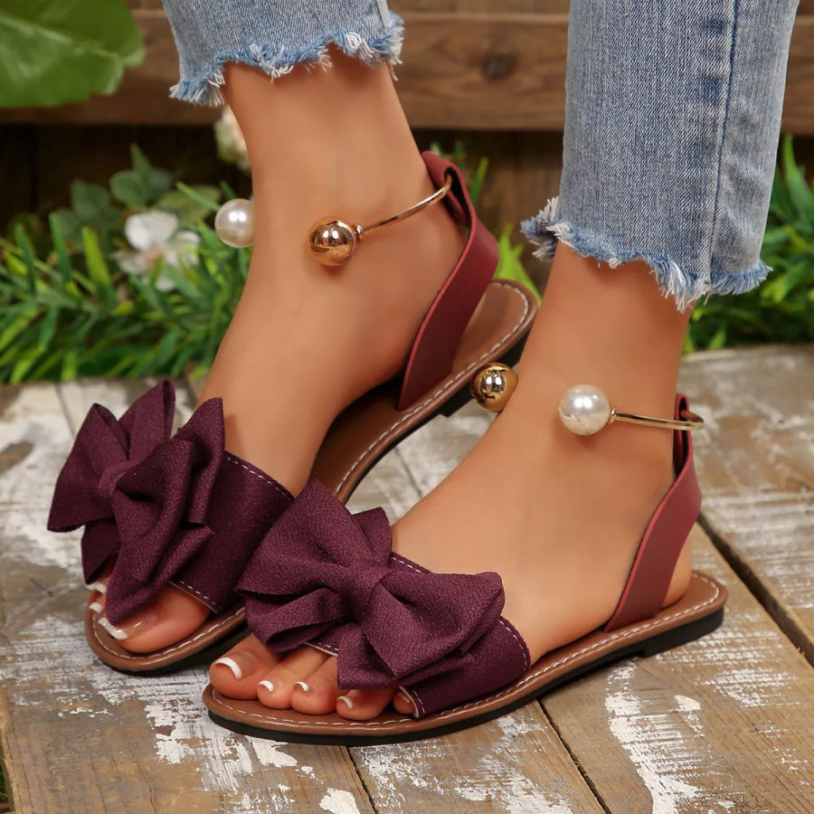 Bow Open Toe Sandals Burgundy / 36 Apparel and Accessories