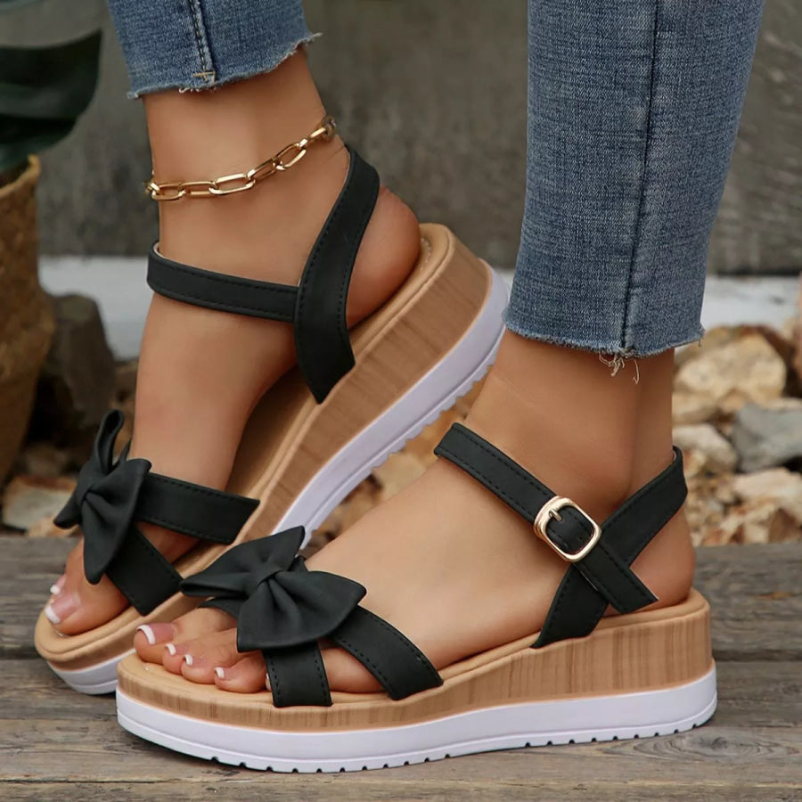 Bow Open Toe Wedge Sandals Black / 36 Apparel and Accessories