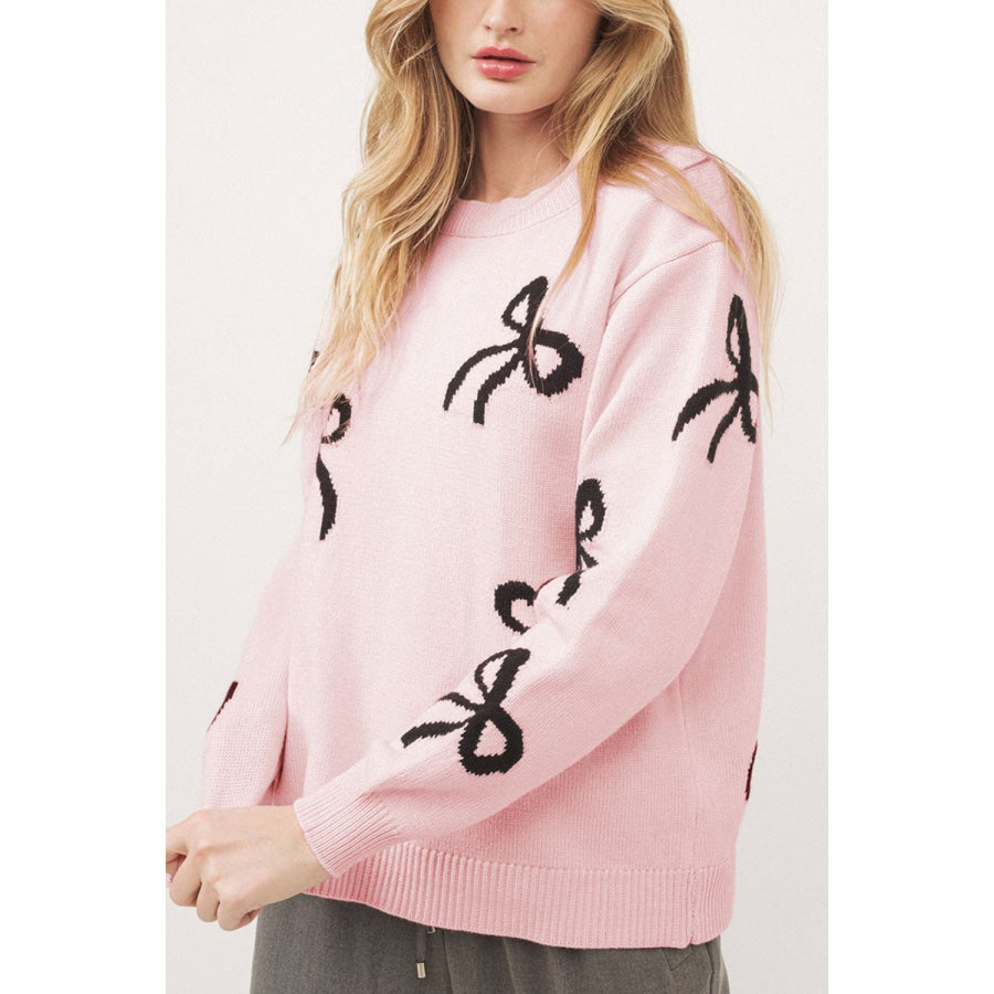 Bow Pattern Round Neck Loose Fit Sweater Blush Pink / S Apparel and Accessories