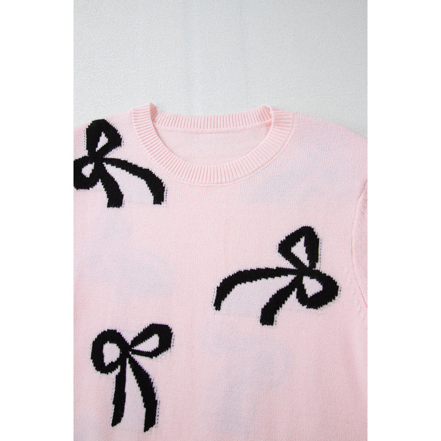 Bow Pattern Round Neck Loose Fit Sweater Apparel and Accessories