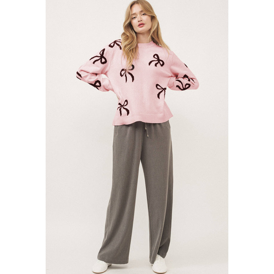 Bow Pattern Round Neck Loose Fit Sweater Apparel and Accessories