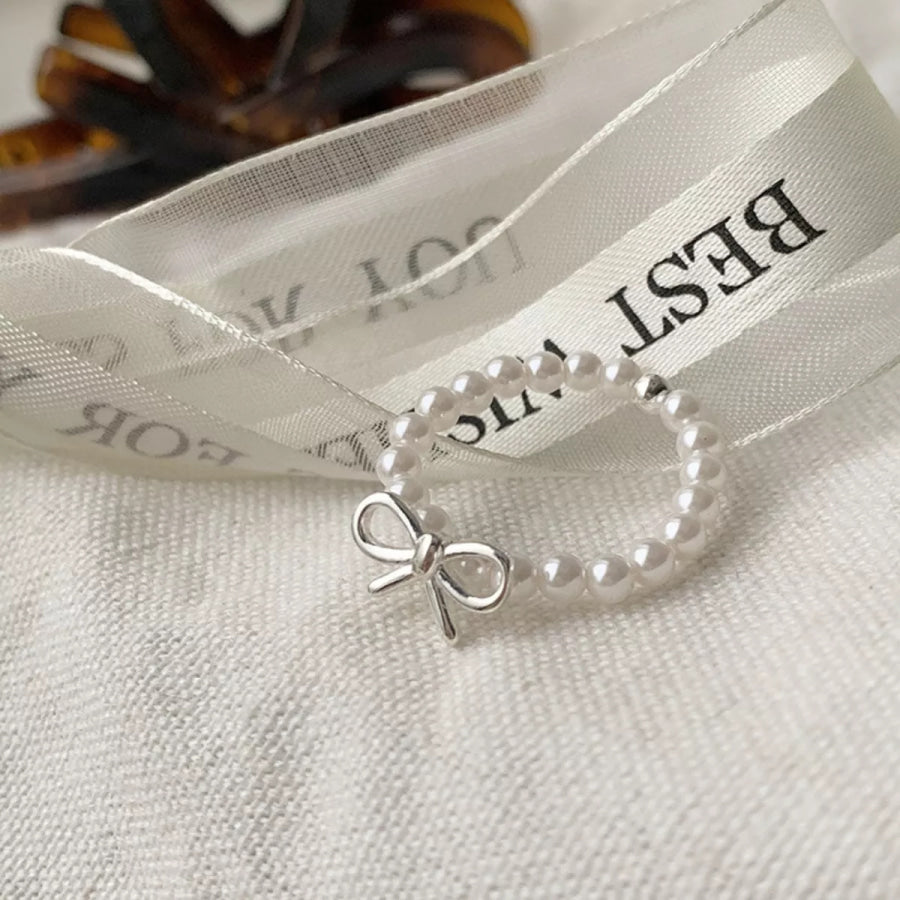 Bow Pearl Beaded Ring Silver / One Size Apparel and Accessories