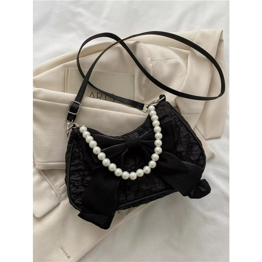 Bow Pearl Chain Crossbody Bag Black / One Size Apparel and Accessories