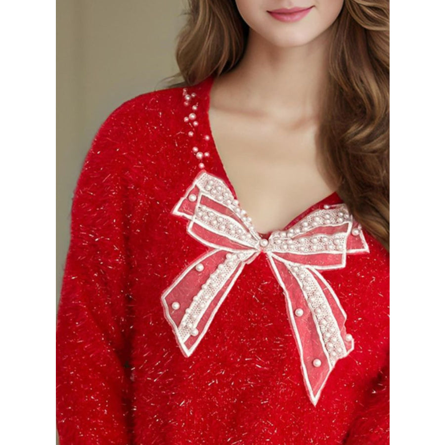 Bow Pearl Detail V-Neck Long Sleeve Sweater Apparel and Accessories