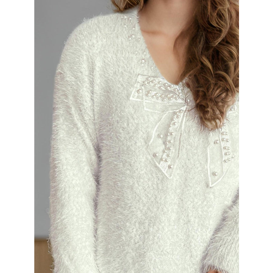 Bow Pearl Detail V-Neck Long Sleeve Sweater Apparel and Accessories