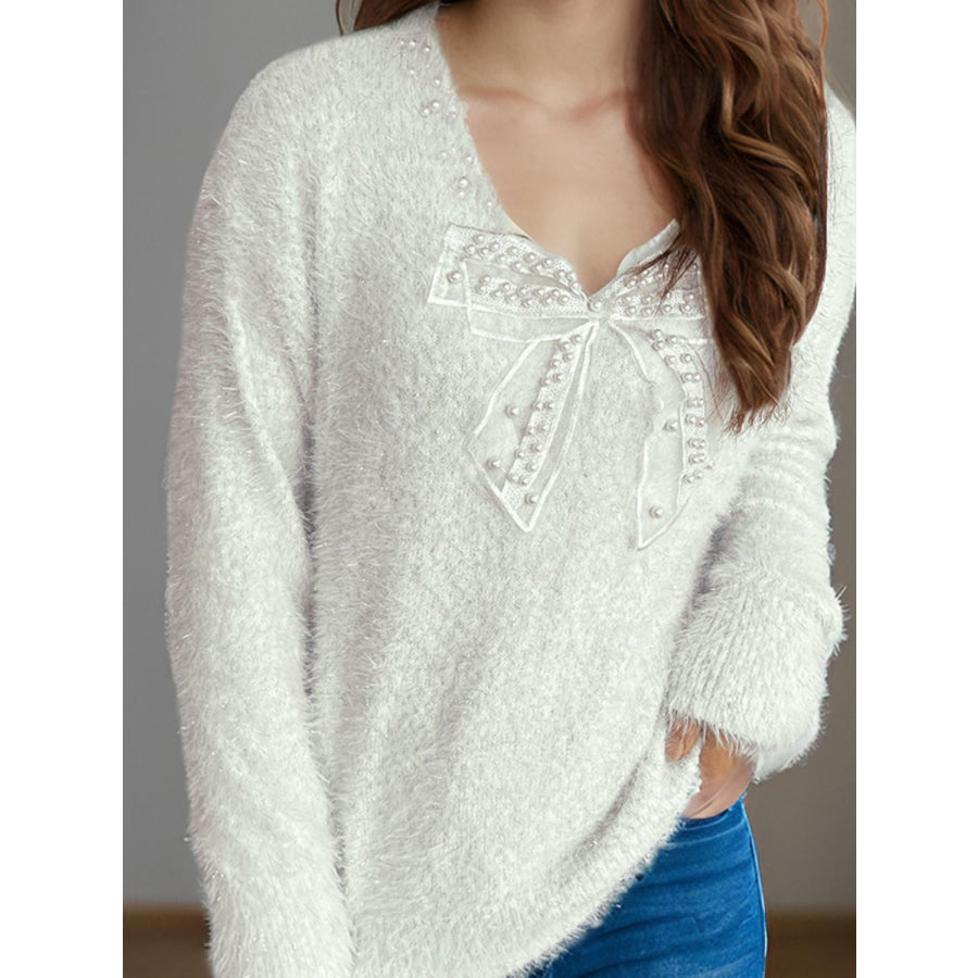 Bow Pearl Detail V-Neck Long Sleeve Sweater Apparel and Accessories