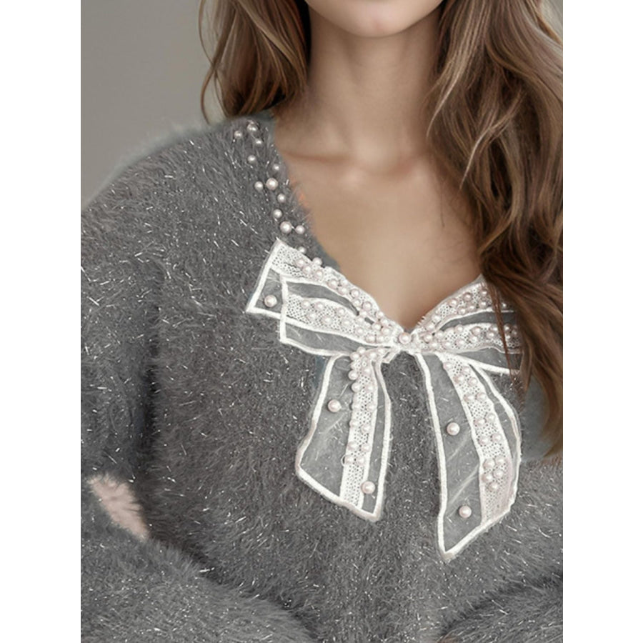 Bow Pearl Detail V-Neck Long Sleeve Sweater Apparel and Accessories