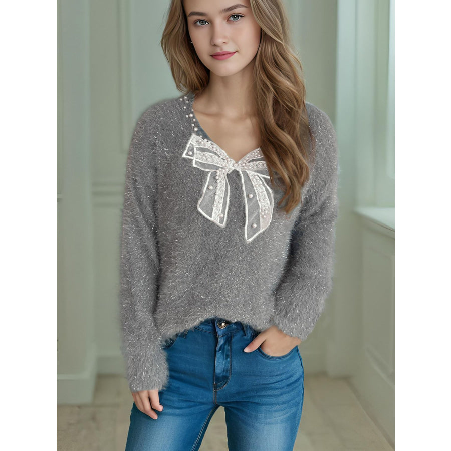 Bow Pearl Detail V-Neck Long Sleeve Sweater Apparel and Accessories