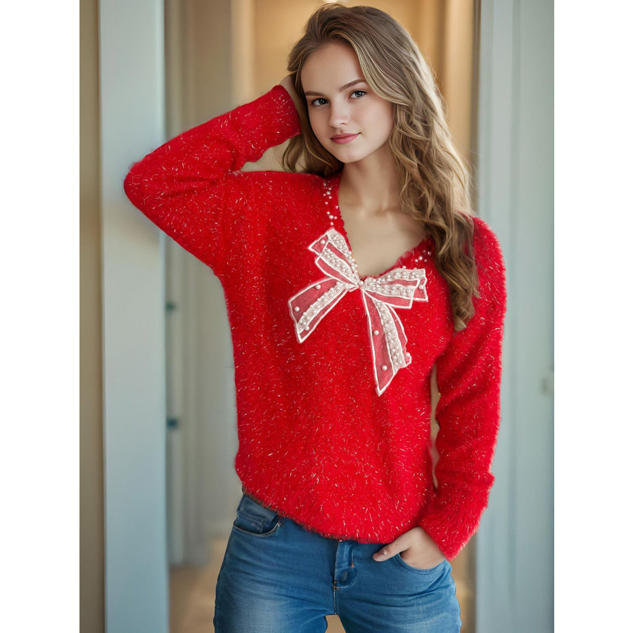 Bow Pearl Detail V-Neck Long Sleeve Sweater Apparel and Accessories