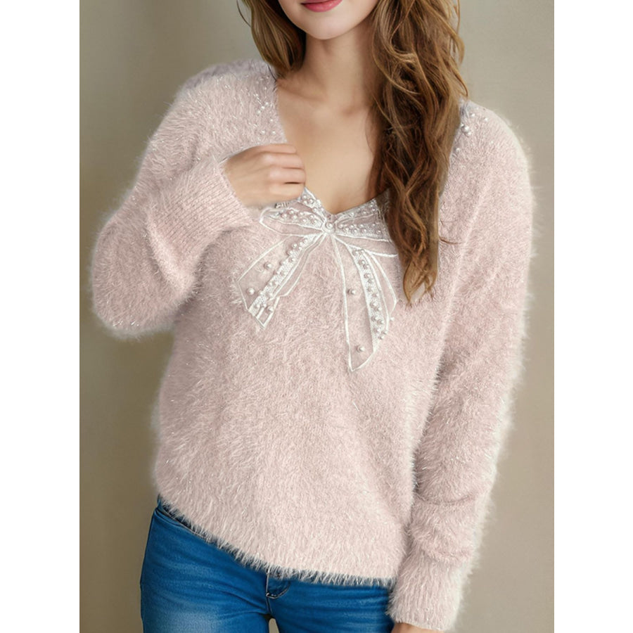 Bow Pearl Detail V-Neck Long Sleeve Sweater Apparel and Accessories