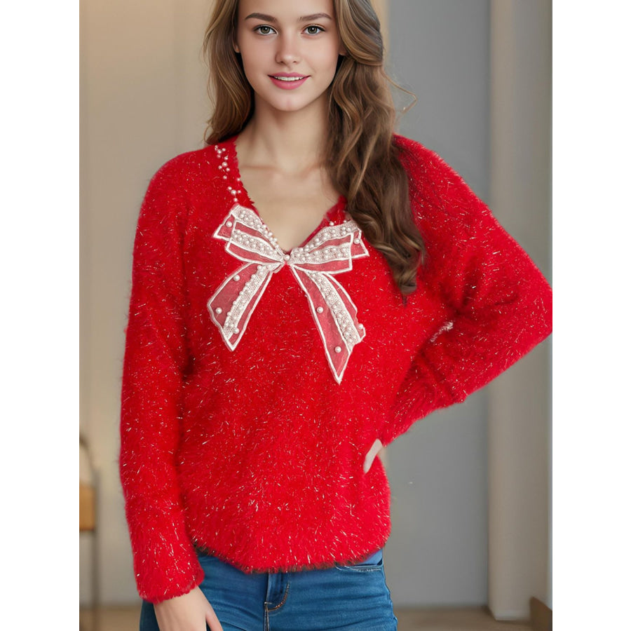 Bow Pearl Detail V-Neck Long Sleeve Sweater Deep Red / One Size Apparel and Accessories