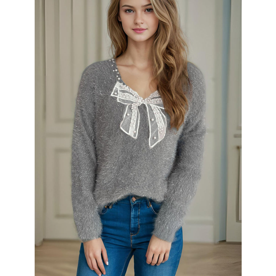 Bow Pearl Detail V-Neck Long Sleeve Sweater Gray / One Size Apparel and Accessories