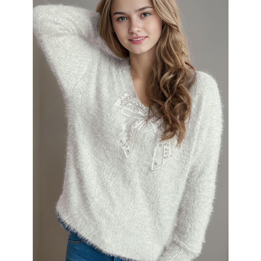 Bow Pearl Detail V-Neck Long Sleeve Sweater White / One Size Apparel and Accessories