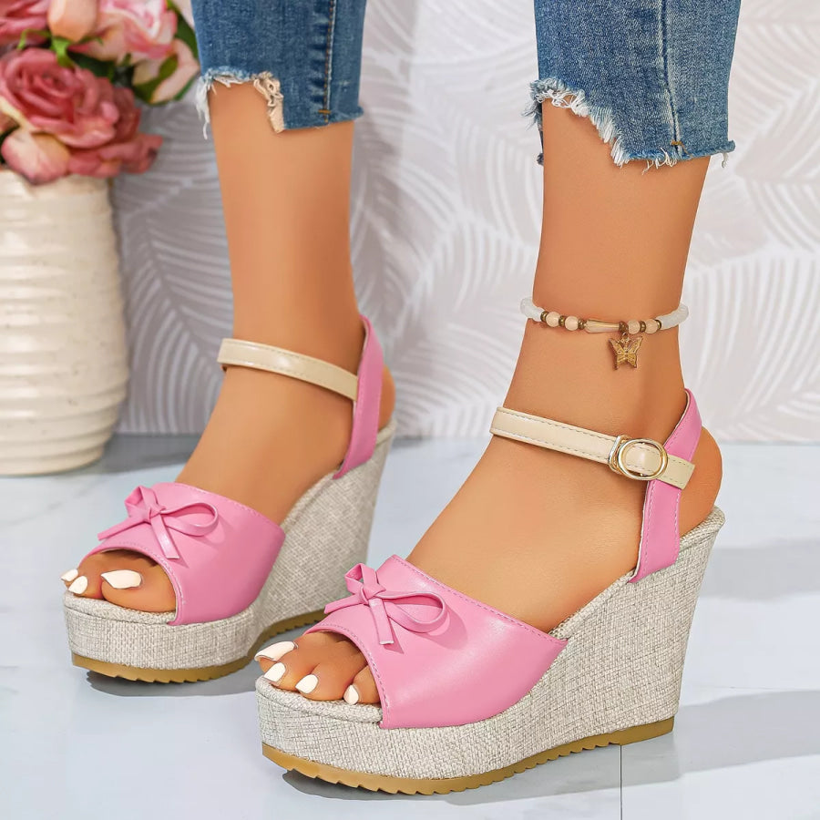Bow Peep Toe Wedge Sandals Pink / 35 Apparel and Accessories
